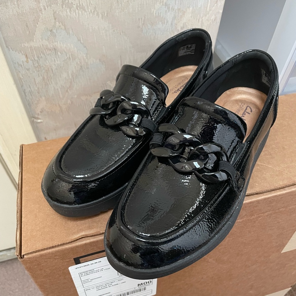 Clarks Black Patent Loafers with Chain Detail